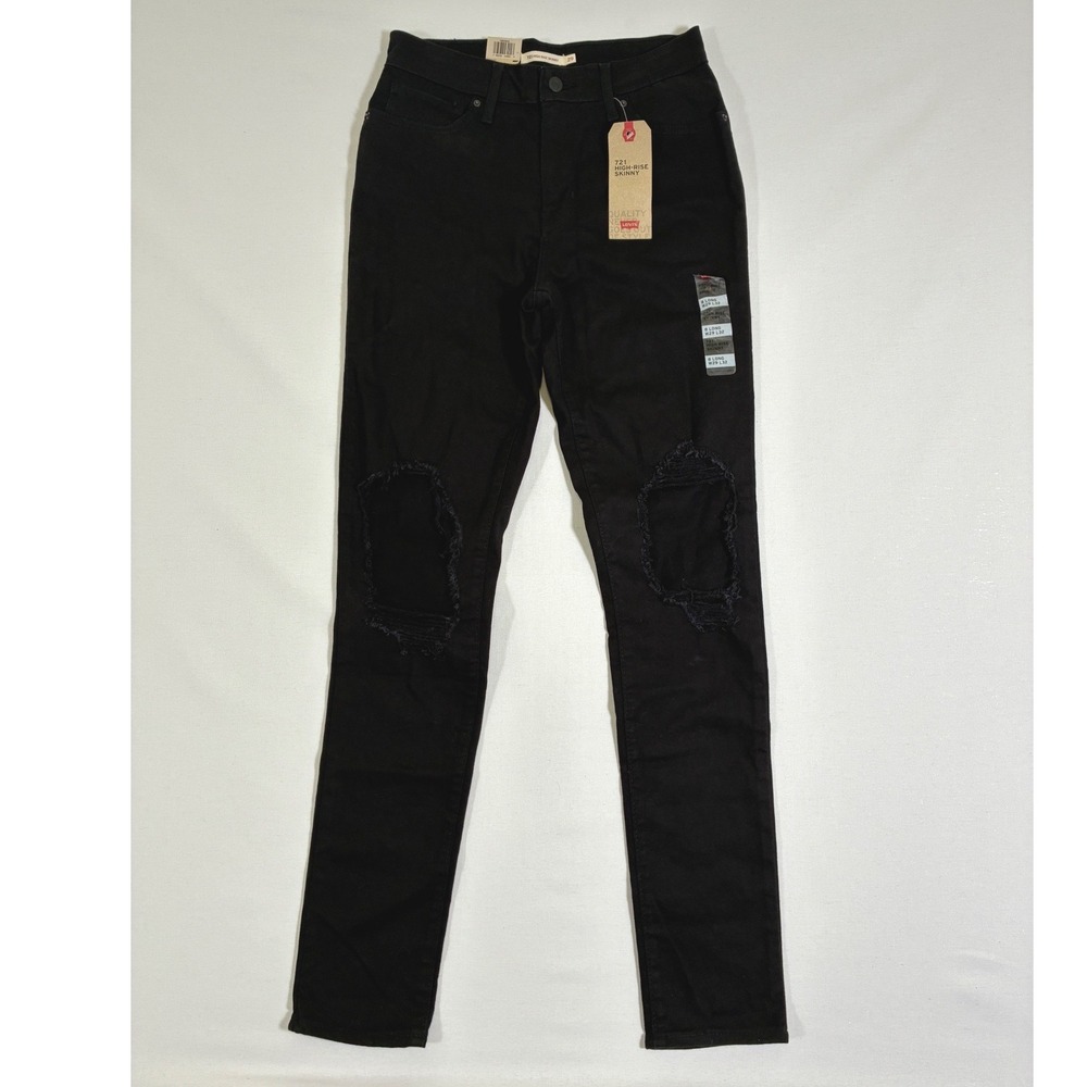 Levi's 721 Womens 8 Long 29x32 Black Distressed High Rise Skinny Jeans NWT